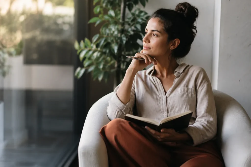 A thoughtful woman sits at a modern desk with a notebook, looking contemplatively out a large window as warm light illuminates her face.